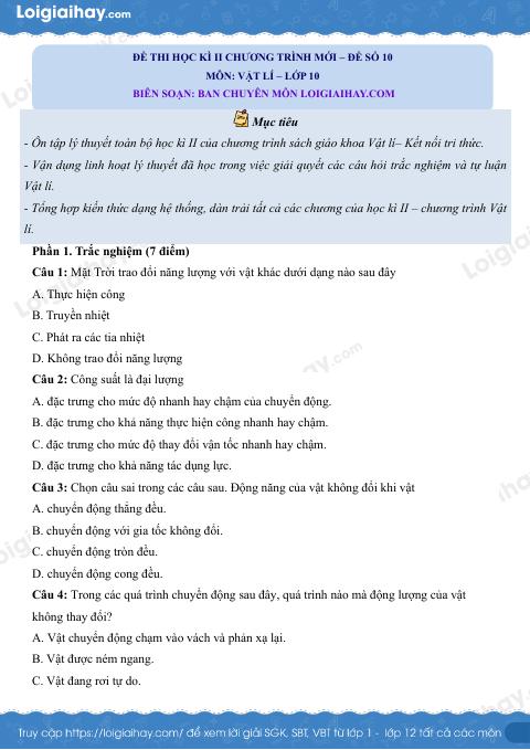 Đề thi học kì 2 Vật lí 10 Kết nối tri thức - Đề số 10